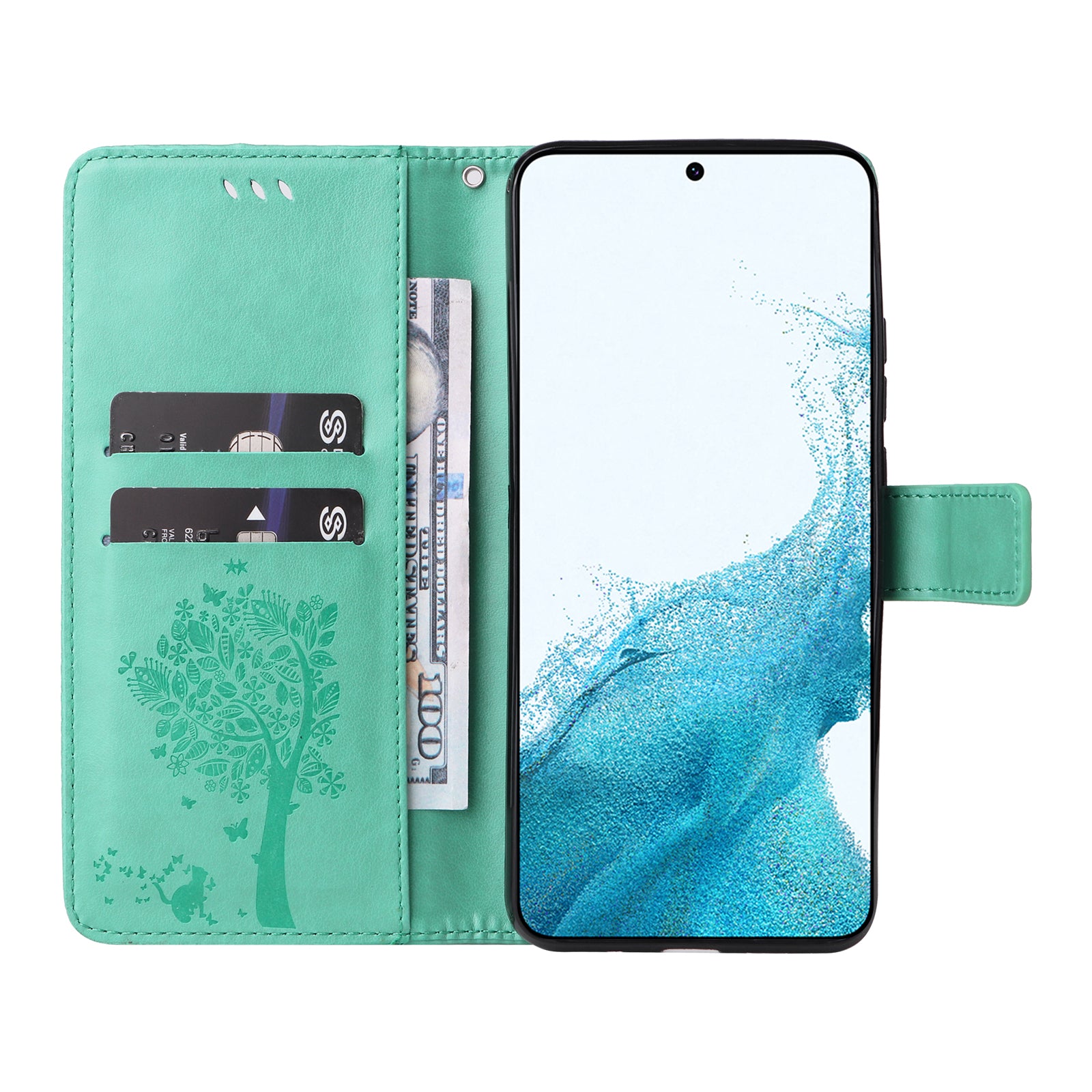 For Samsung Galaxy S23 FE KT Imprinting Flower Series-3 PU Leather Cover Flip Stand Imprinted Cat Tree Wallet Phone Case