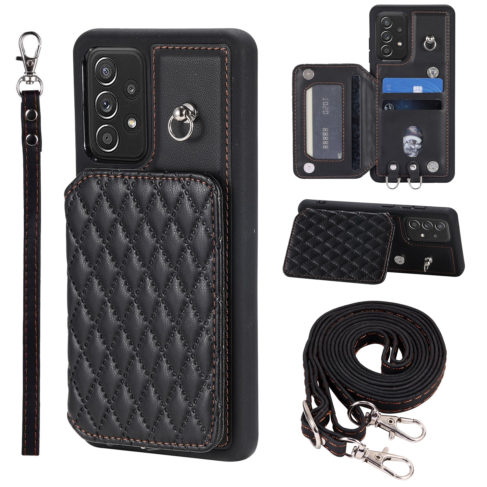 Style 008 For Samsung Galaxy A13 4G A13 5G PU TPU Phone Case Rhombus Imprinted Phone Cover with Shoulder Wrist Strap