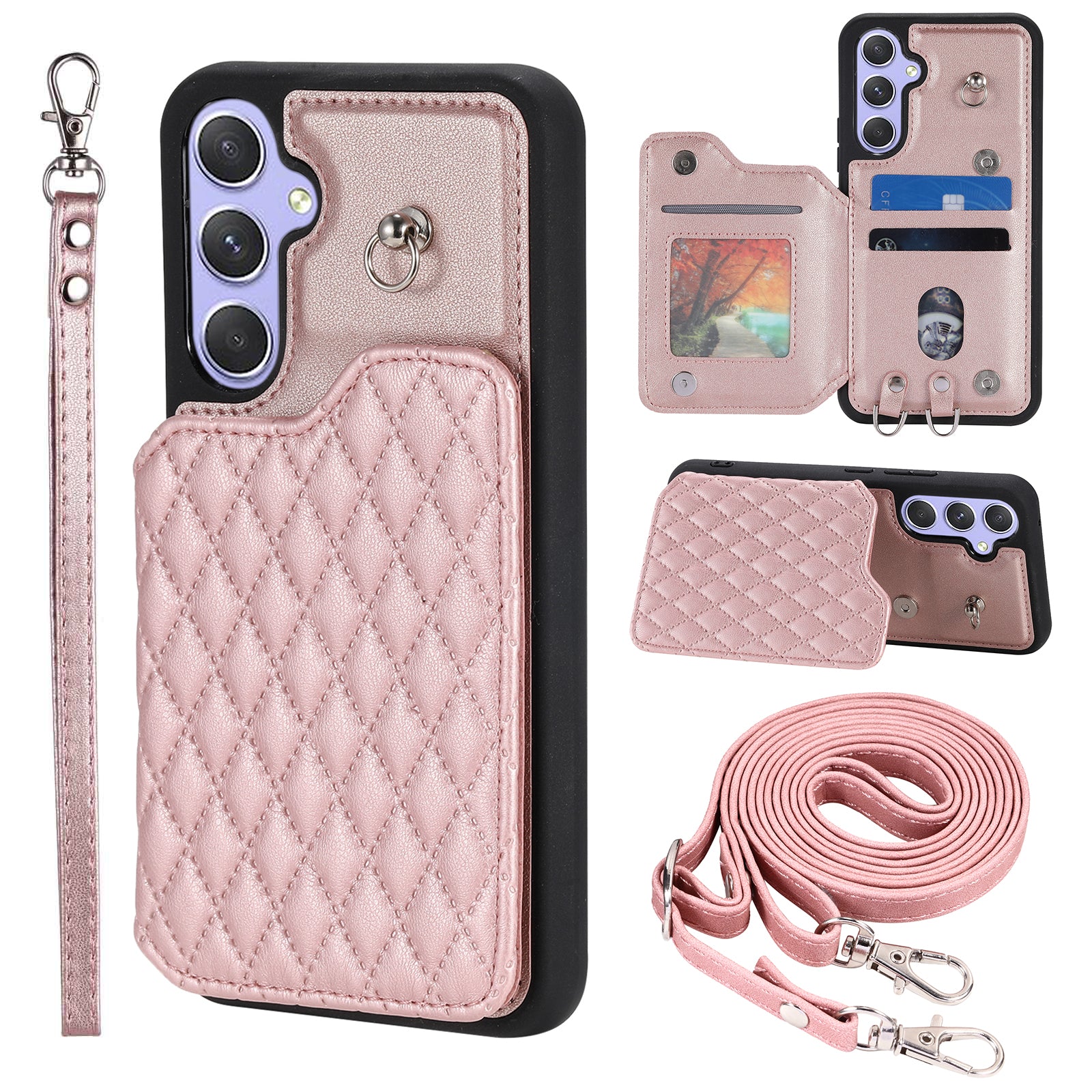 Style 008 For Samsung Galaxy A14 4G A14 5G PU Leather TPU Phone Cover Kickstand RFID Blocking Phone Case with 2 Straps