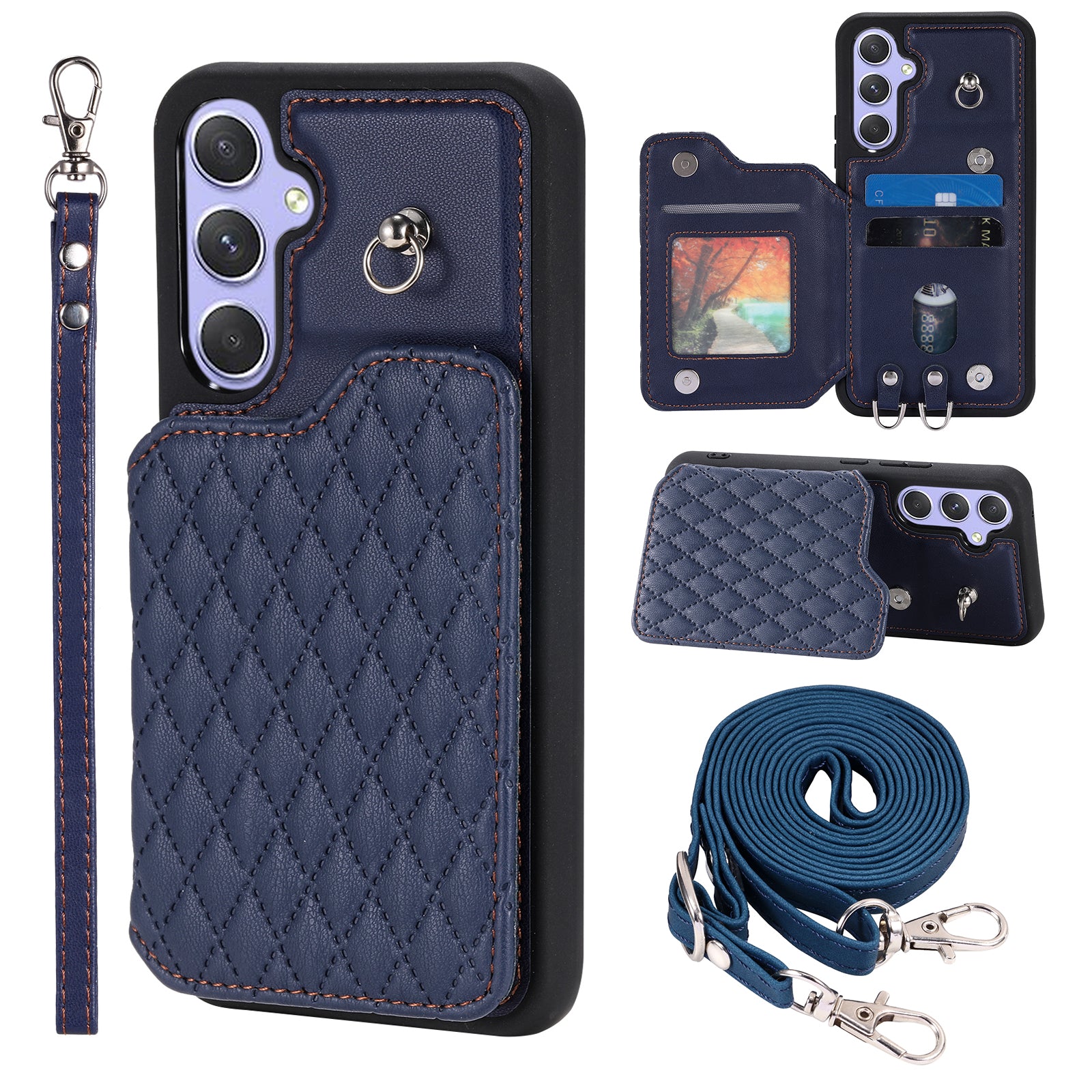Style 008 For Samsung Galaxy A14 4G A14 5G PU Leather TPU Phone Cover Kickstand RFID Blocking Phone Case with 2 Straps