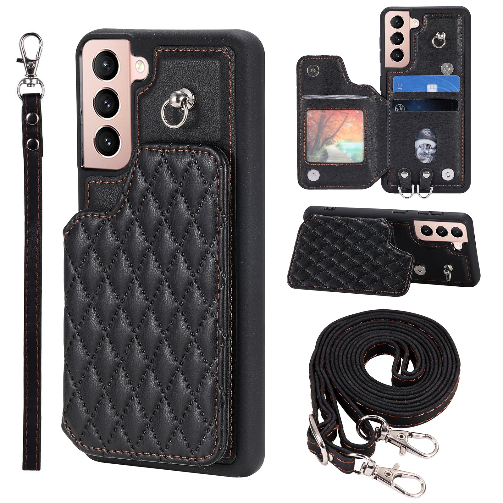 Style 008 For Samsung Galaxy S22 5G Anti-Scratch Phone Case Kickstand RFID Blocking PU Leather TPU Cover with 2 Straps