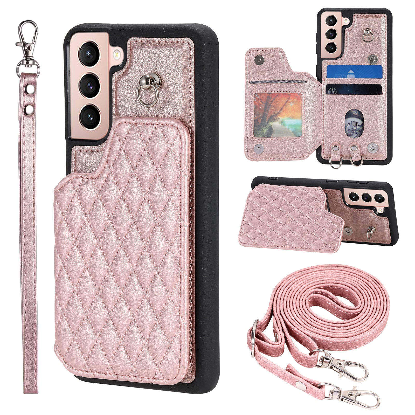 Style 008 For Samsung Galaxy S22 5G Anti-Scratch Phone Case Kickstand RFID Blocking PU Leather TPU Cover with 2 Straps