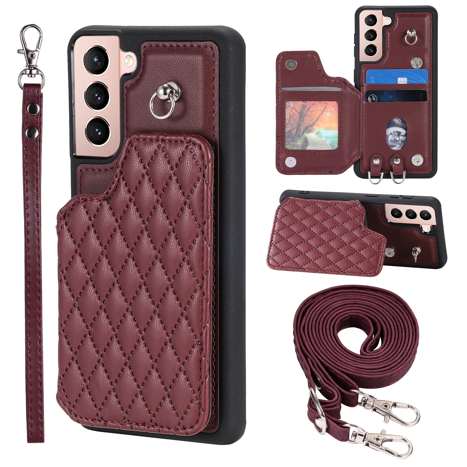 Style 008 For Samsung Galaxy S22 5G Anti-Scratch Phone Case Kickstand RFID Blocking PU Leather TPU Cover with 2 Straps