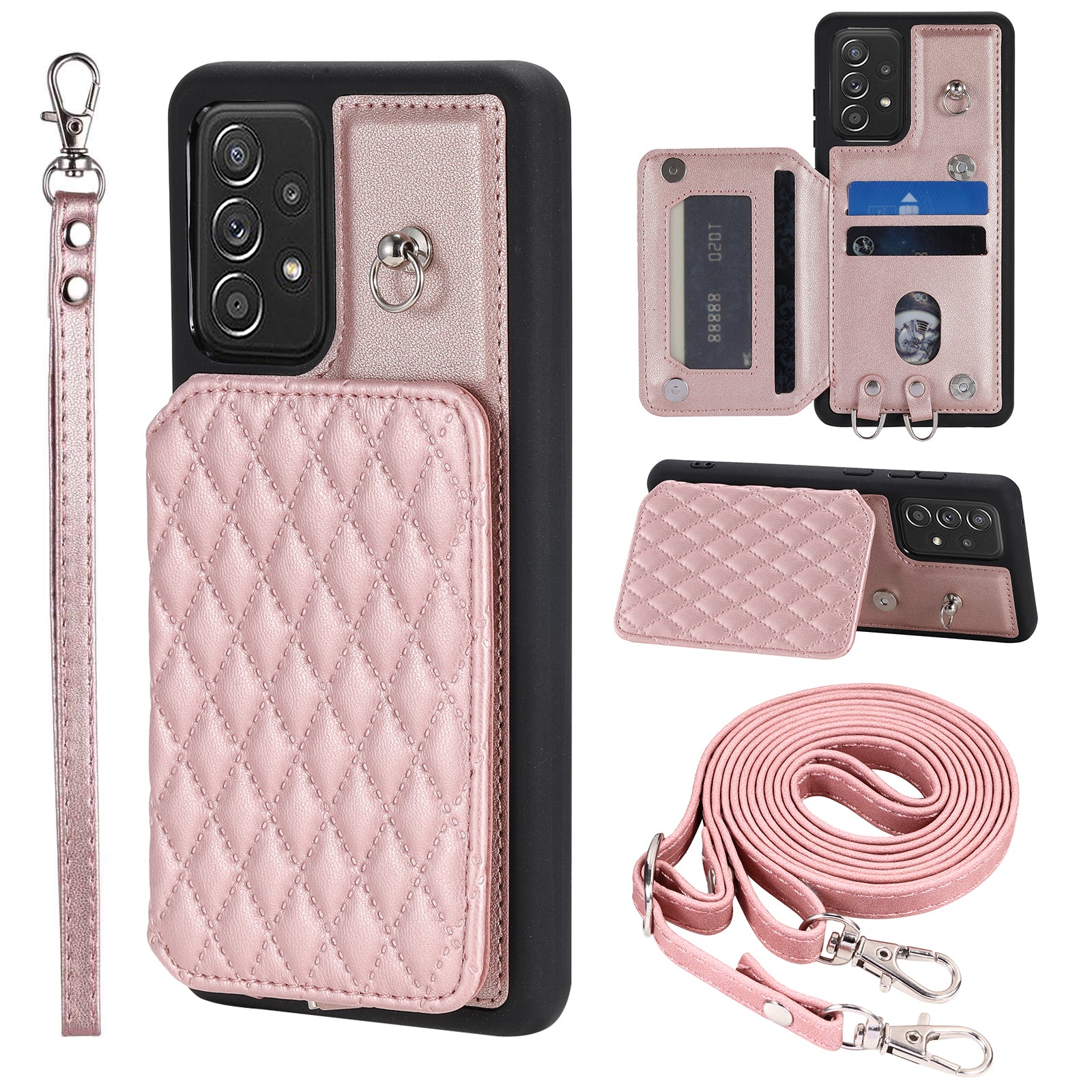 Style 008 For Samsung Galaxy A53 5G RFID Blocking Kickstand Case Rhombus Imprinted PU TPU Phone Cover with Straps