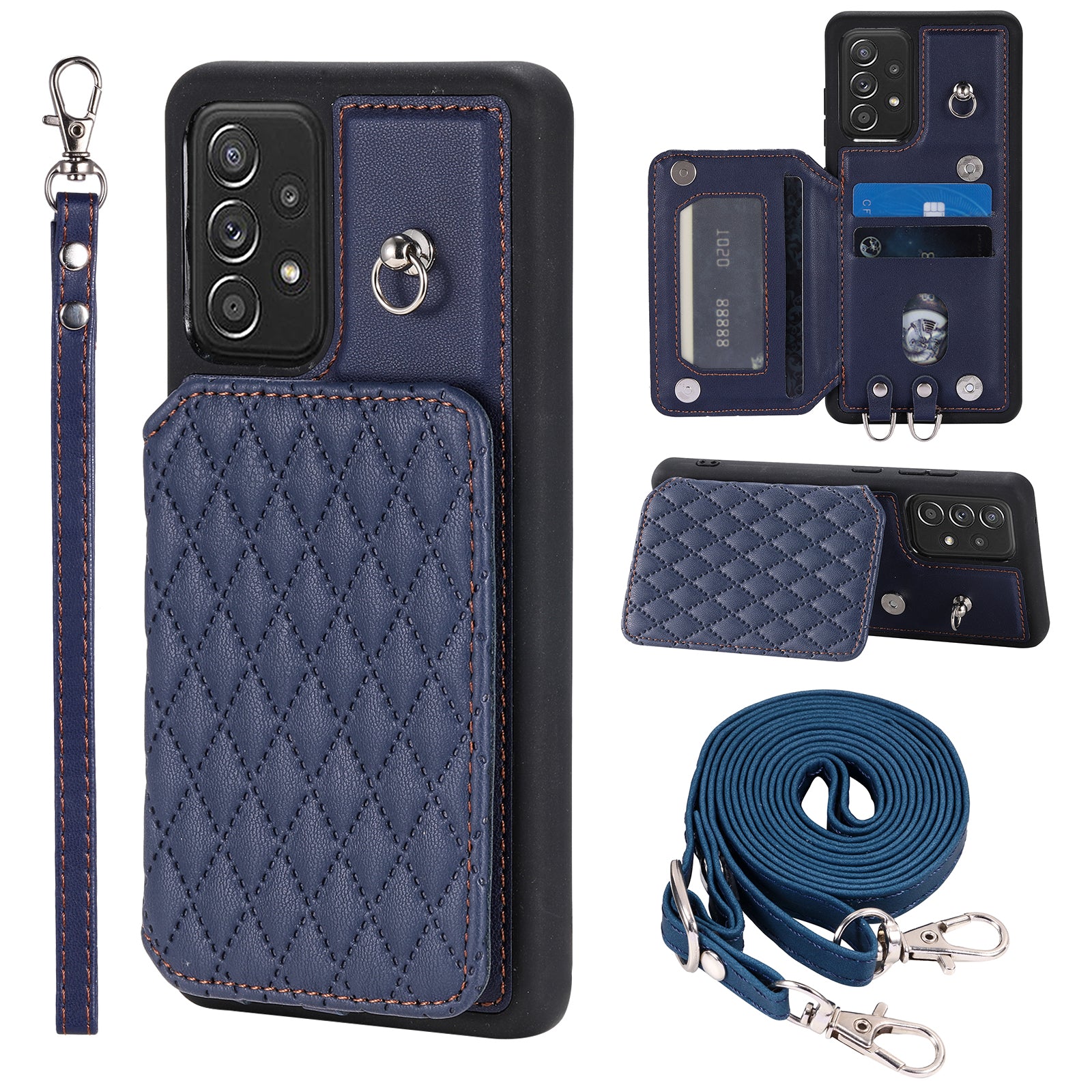 Style 008 For Samsung Galaxy A53 5G RFID Blocking Kickstand Case Rhombus Imprinted PU TPU Phone Cover with Straps