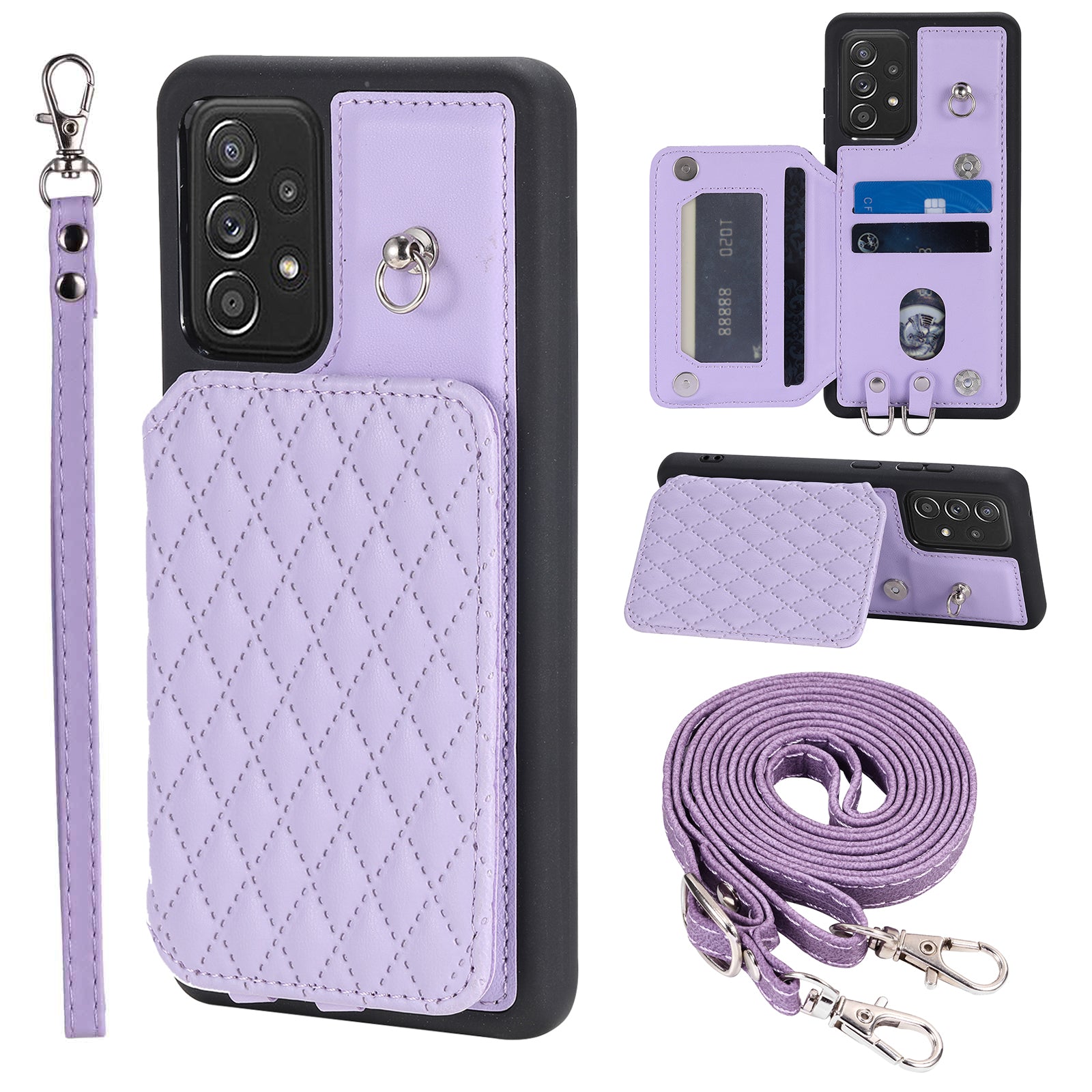 Style 008 For Samsung Galaxy A53 5G RFID Blocking Kickstand Case Rhombus Imprinted PU TPU Phone Cover with Straps