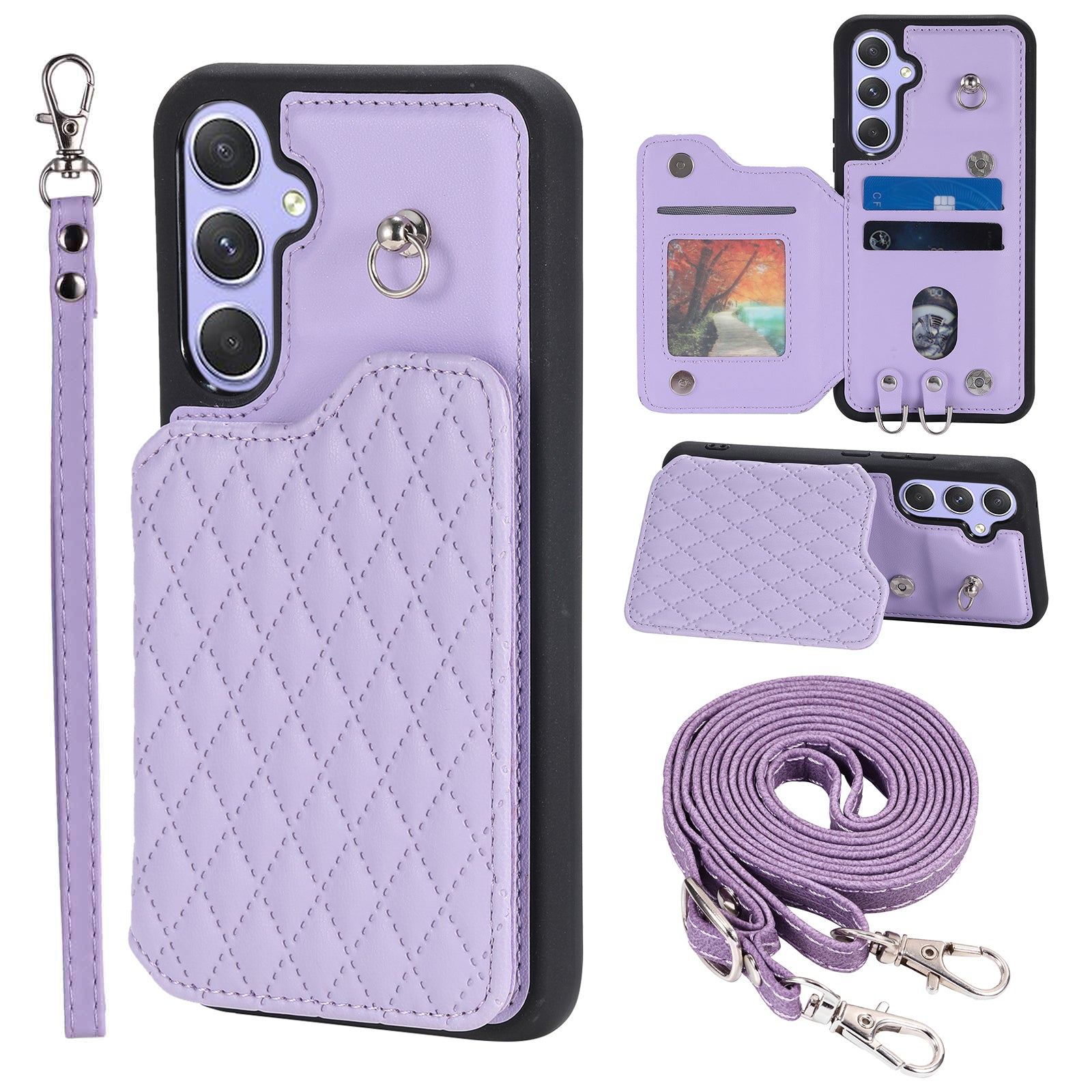 Style 008 Rhombus Imprinted Phone Case for Samsung Galaxy A54 5G RFID Blocking PU TPU Phone Cover with Straps