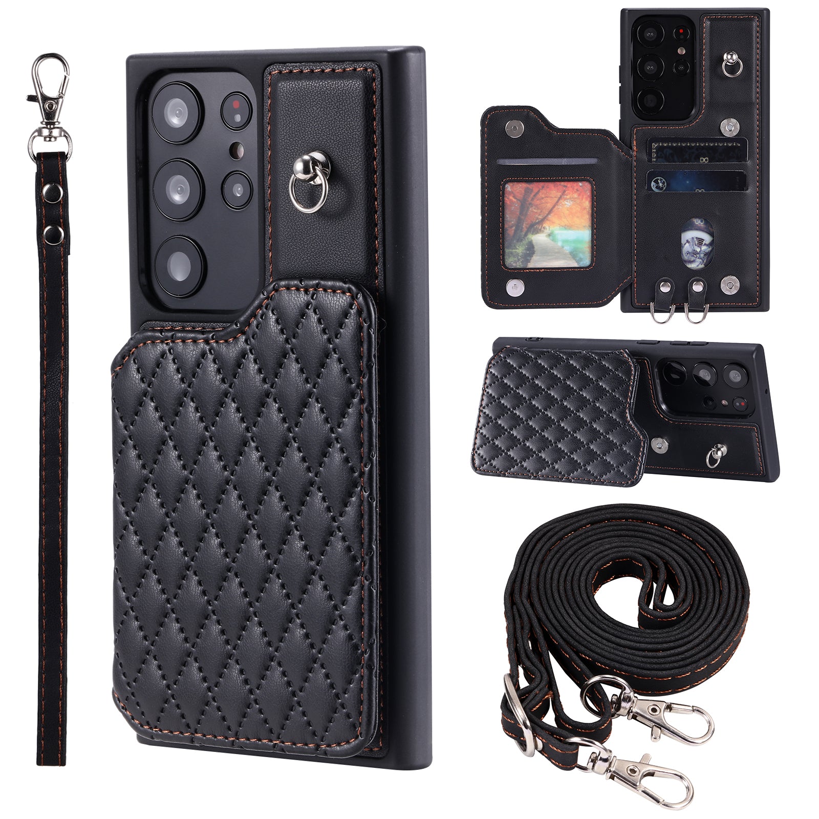 Style 008 For Samsung Galaxy S22 Ultra 5G Shockproof Case Rhombus Imprinted RFID Blocking PU TPU Phone Cover with Straps