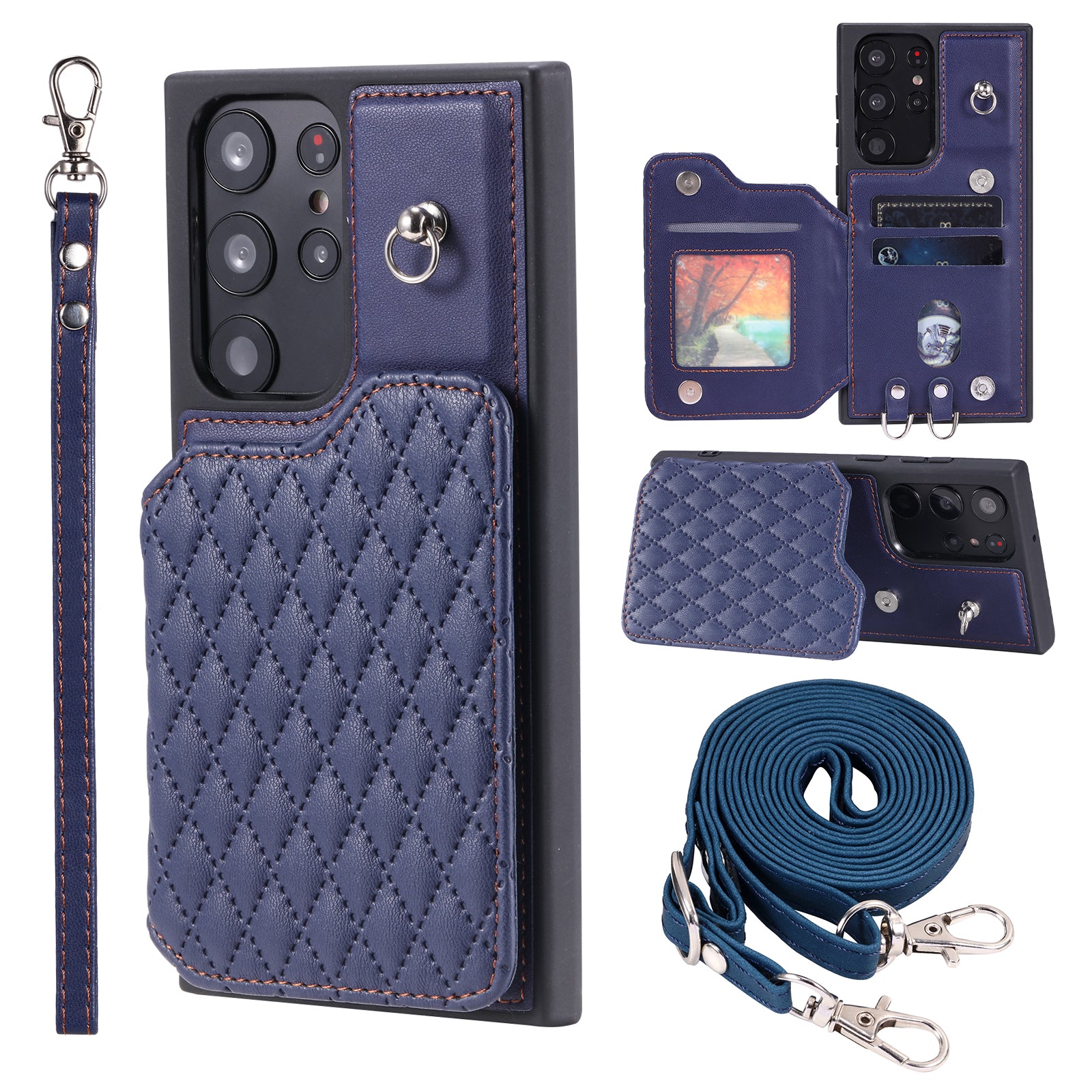 Style 008 For Samsung Galaxy S22 Ultra 5G Shockproof Case Rhombus Imprinted RFID Blocking PU TPU Phone Cover with Straps