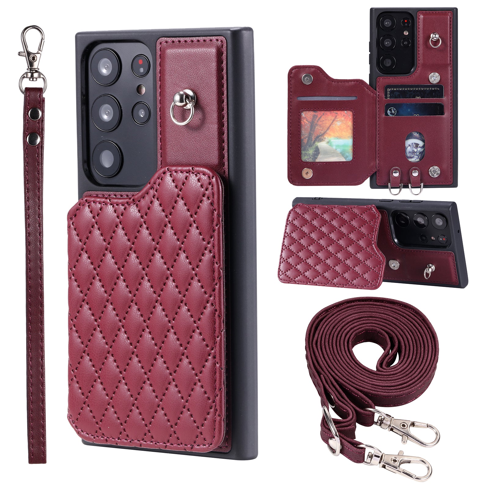 Style 008 For Samsung Galaxy S22 Ultra 5G Shockproof Case Rhombus Imprinted RFID Blocking PU TPU Phone Cover with Straps