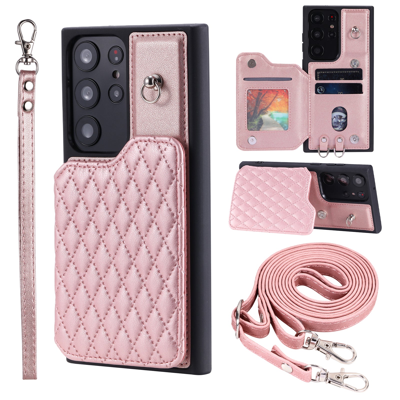 Style 008 For Samsung Galaxy S22 Ultra 5G Shockproof Case Rhombus Imprinted RFID Blocking PU TPU Phone Cover with Straps