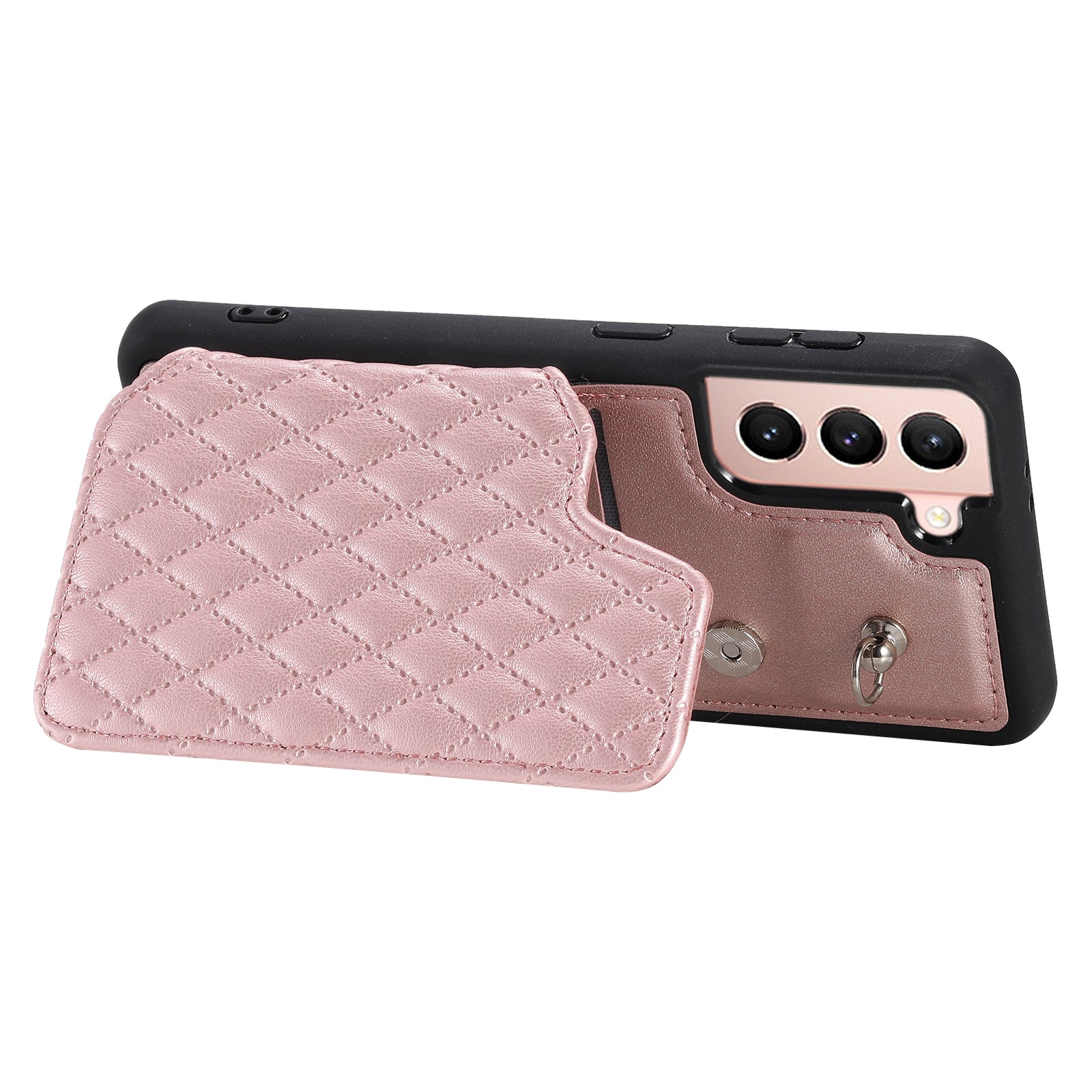 Style 008 RFID Blocking Phone Case for Samsung Galaxy S22 5G Rhombus Imprinted PU TPU Phone Cover with Straps