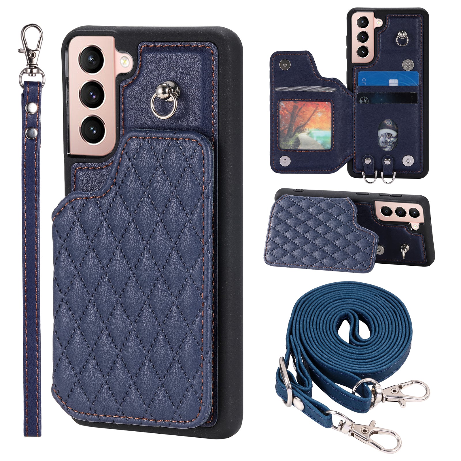 Style 008 RFID Blocking Phone Case for Samsung Galaxy S22 5G Rhombus Imprinted PU TPU Phone Cover with Straps