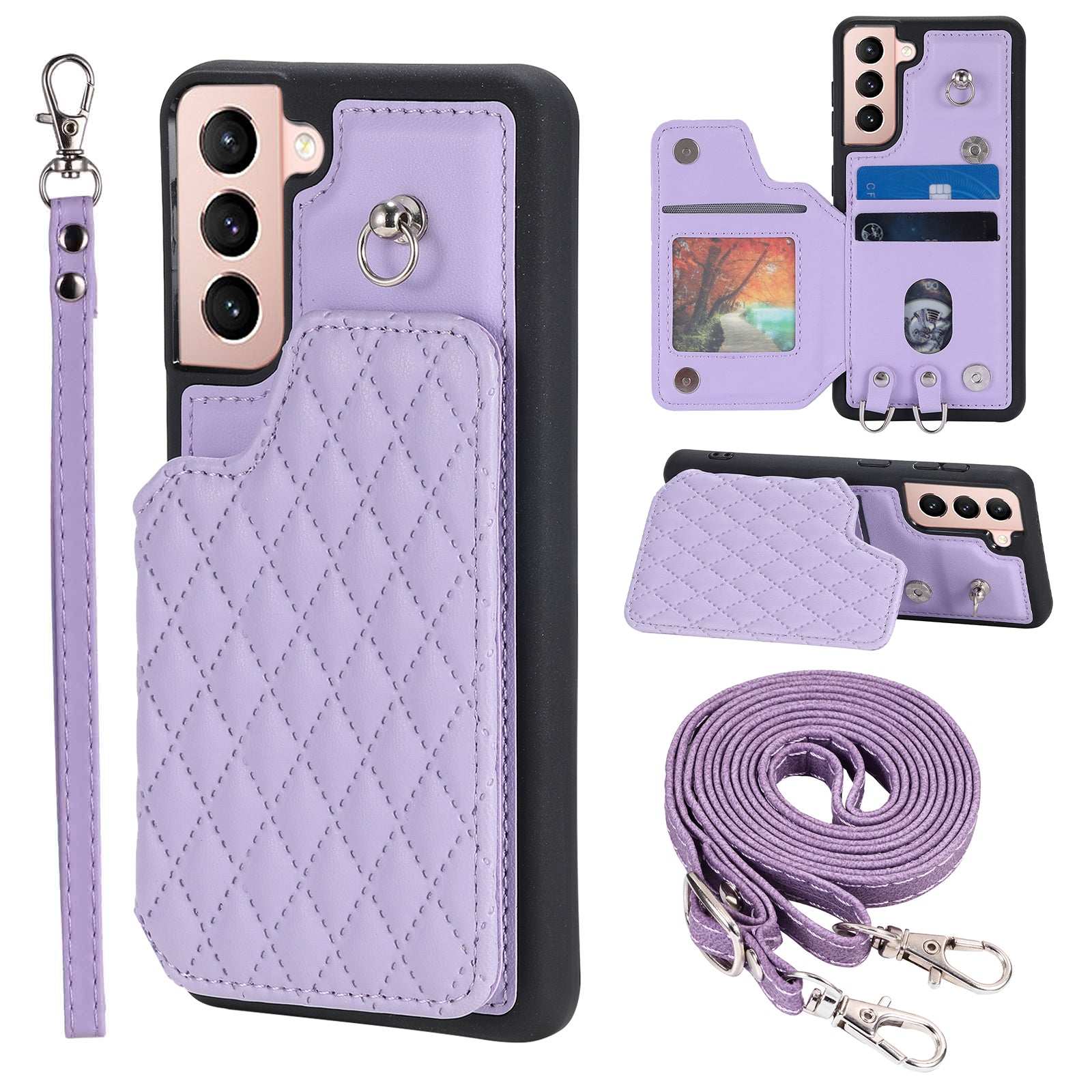 Style 008 RFID Blocking Phone Case for Samsung Galaxy S22 5G Rhombus Imprinted PU TPU Phone Cover with Straps
