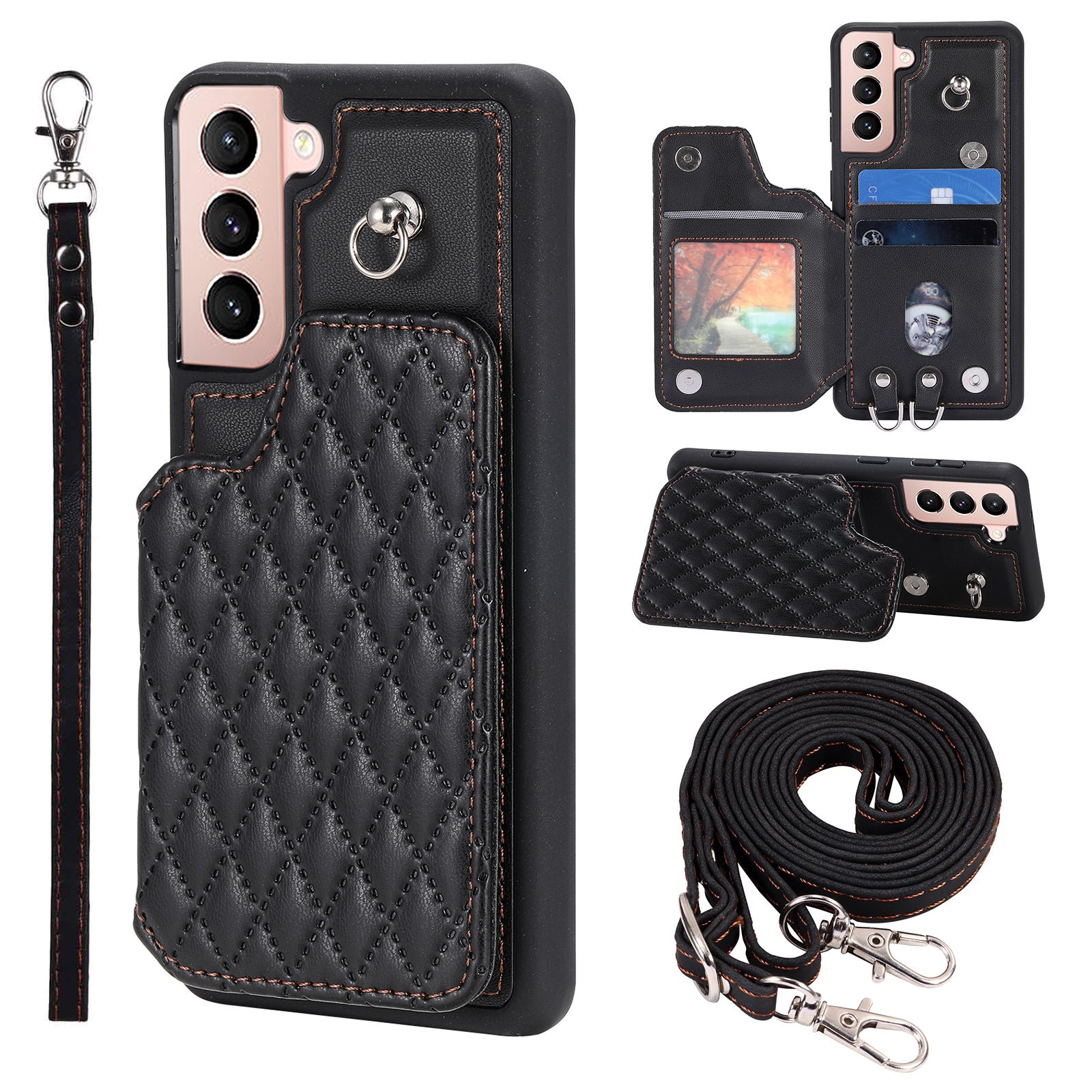 Style 008 For Samsung Galaxy S21 5G 4G RFID Blocking Phone Case Card Slots Leather Coated TPU Kickstand Cover