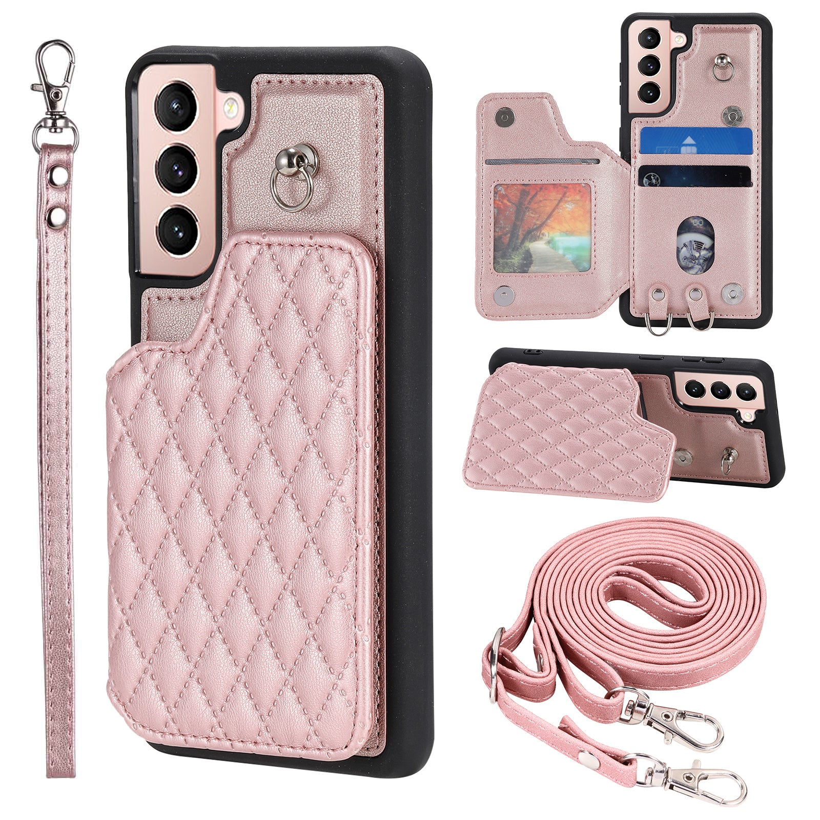 Style 008 For Samsung Galaxy S21 5G 4G RFID Blocking Phone Case Card Slots Leather Coated TPU Kickstand Cover