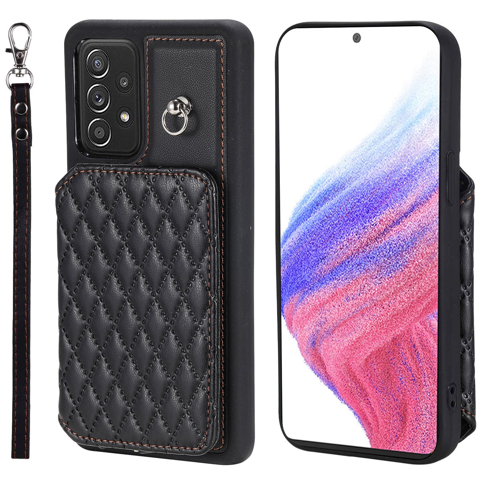 Style 008 For Samsung Galaxy A53 5G PU Leather TPU Shell Kickstand Phone Case RFID Blocking Cover with Wrist Strap