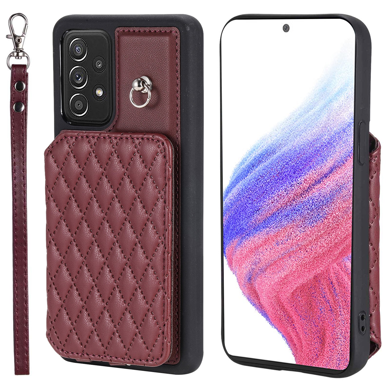 Style 008 For Samsung Galaxy A53 5G PU Leather TPU Shell Kickstand Phone Case RFID Blocking Cover with Wrist Strap