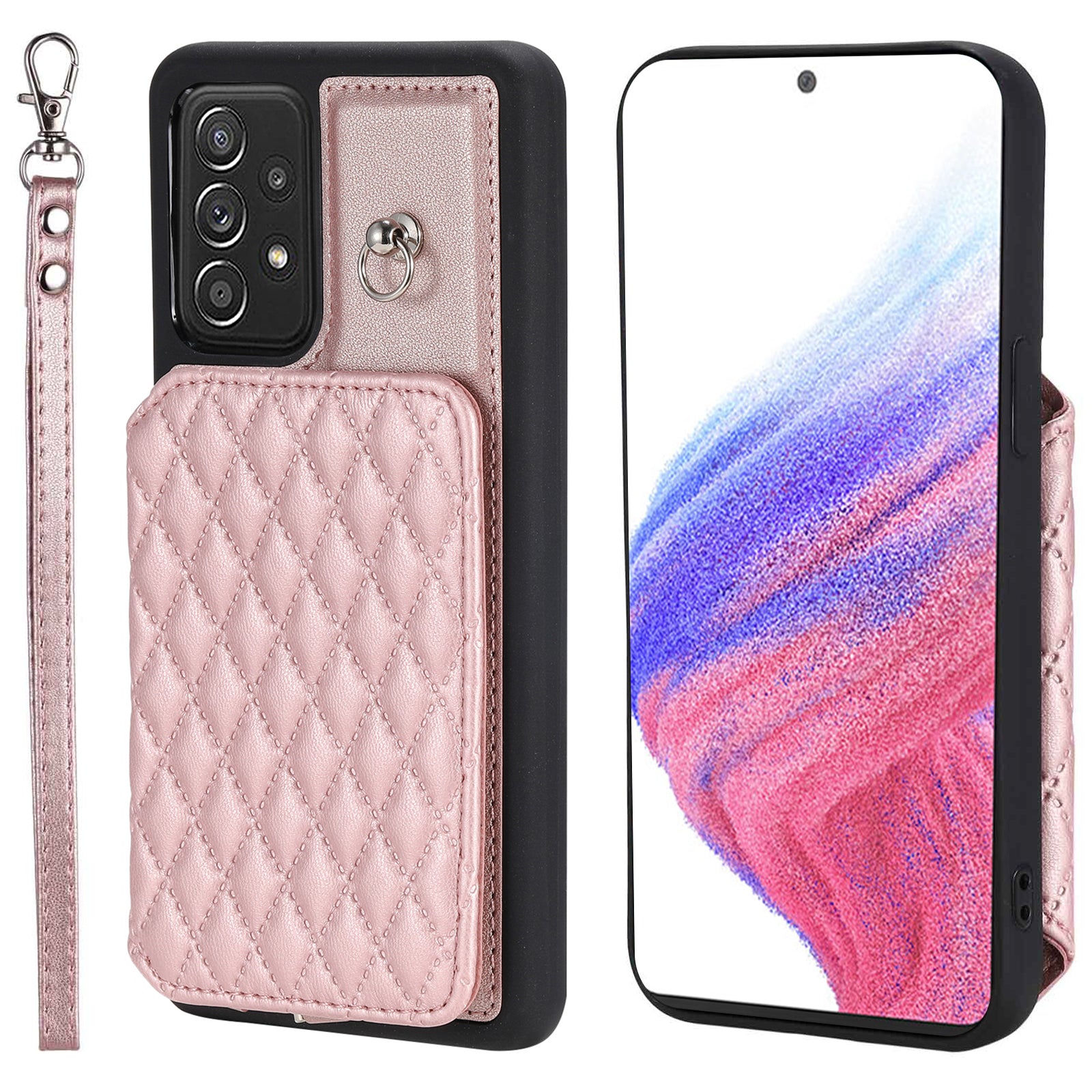 Style 008 For Samsung Galaxy A53 5G PU Leather TPU Shell Kickstand Phone Case RFID Blocking Cover with Wrist Strap