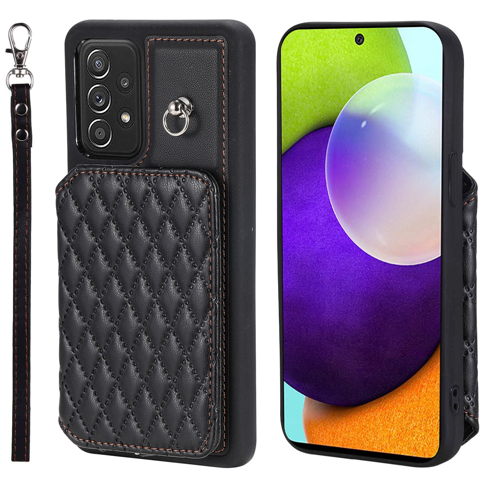 Style 008 For Samsung Galaxy A52 4G 5G A52s 5G RFID Blocking Kickstand Case PU Leather Coated TPU Phone Shell with Wrist Strap