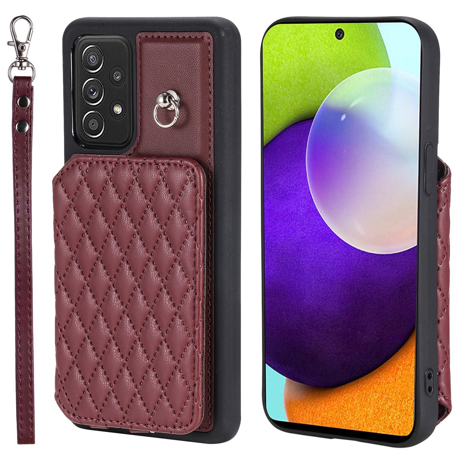 Style 008 For Samsung Galaxy A52 4G 5G A52s 5G RFID Blocking Kickstand Case PU Leather Coated TPU Phone Shell with Wrist Strap