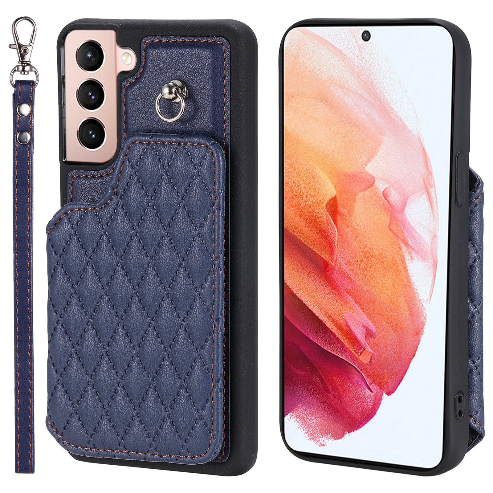 Style 008 For Samsung Galaxy S21 4G 5G Kickstand Case RFID Blocking PU Leather TPU Phone Shell with Card Slots and Wrist Strap