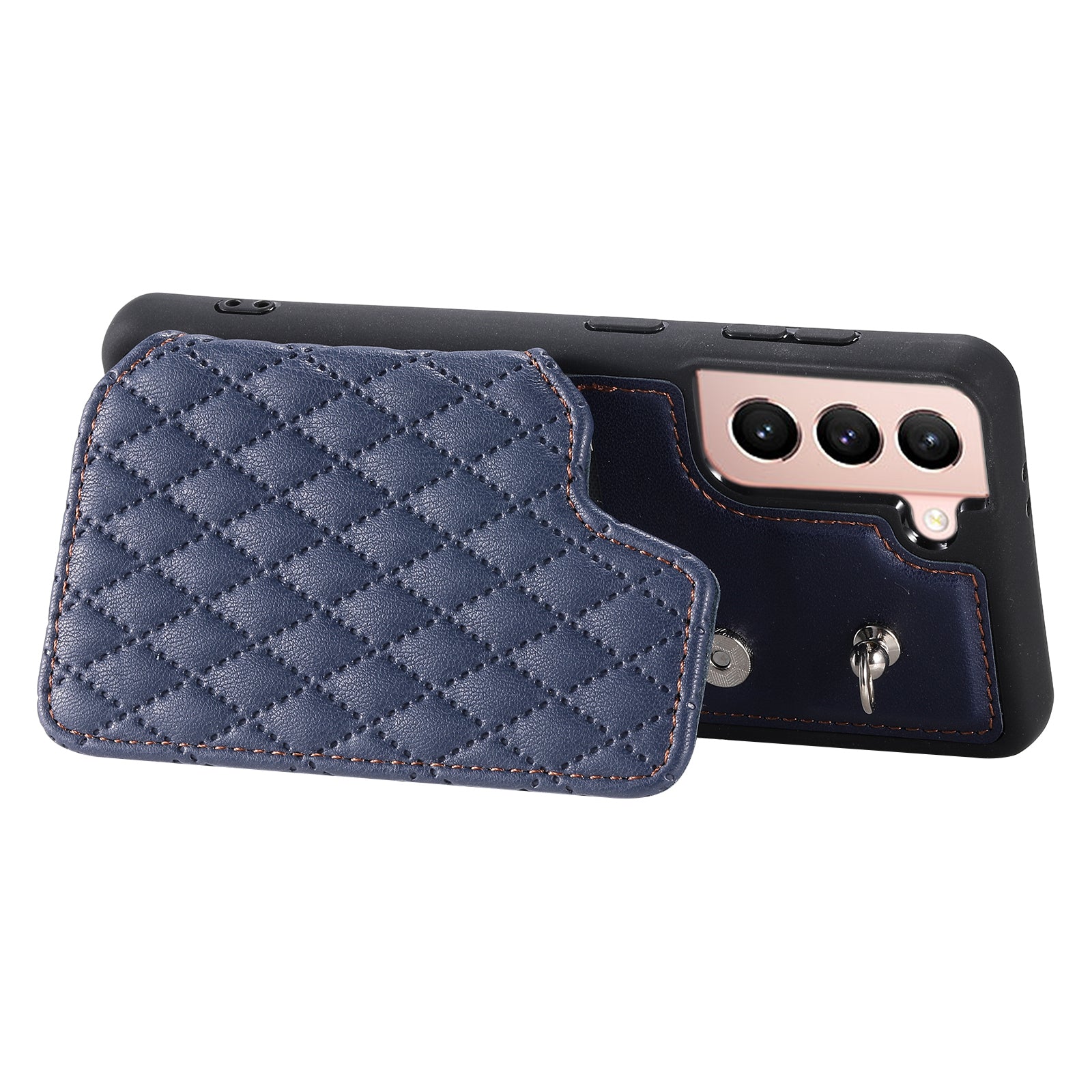 Style 008 For Samsung Galaxy S21 4G 5G Kickstand Case RFID Blocking PU Leather TPU Phone Shell with Card Slots and Wrist Strap