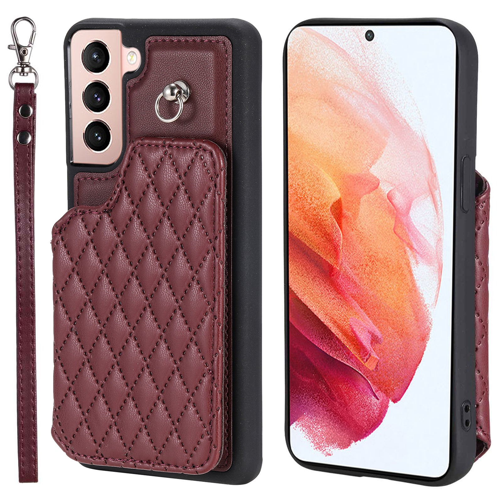 Style 008 For Samsung Galaxy S21 4G 5G Kickstand Case RFID Blocking PU Leather TPU Phone Shell with Card Slots and Wrist Strap