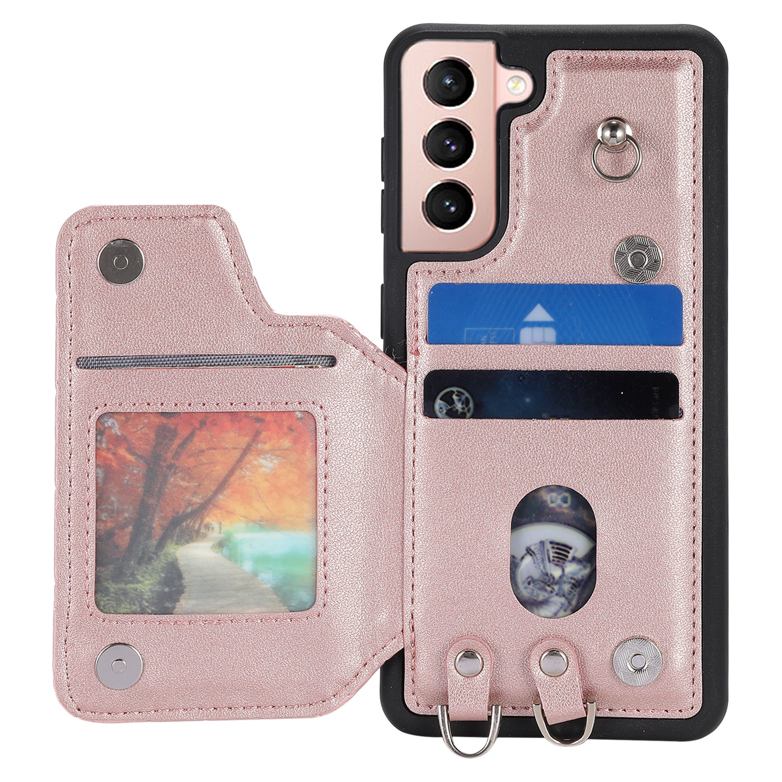 Style 008 For Samsung Galaxy S21 4G 5G Kickstand Case RFID Blocking PU Leather TPU Phone Shell with Card Slots and Wrist Strap