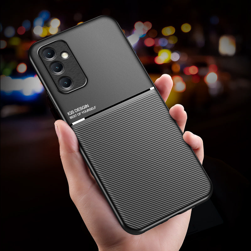 For Samsung Galaxy M14 5G Phone Case Lines Imprinted Leather TPU Cover Support Magnetic Car Mount