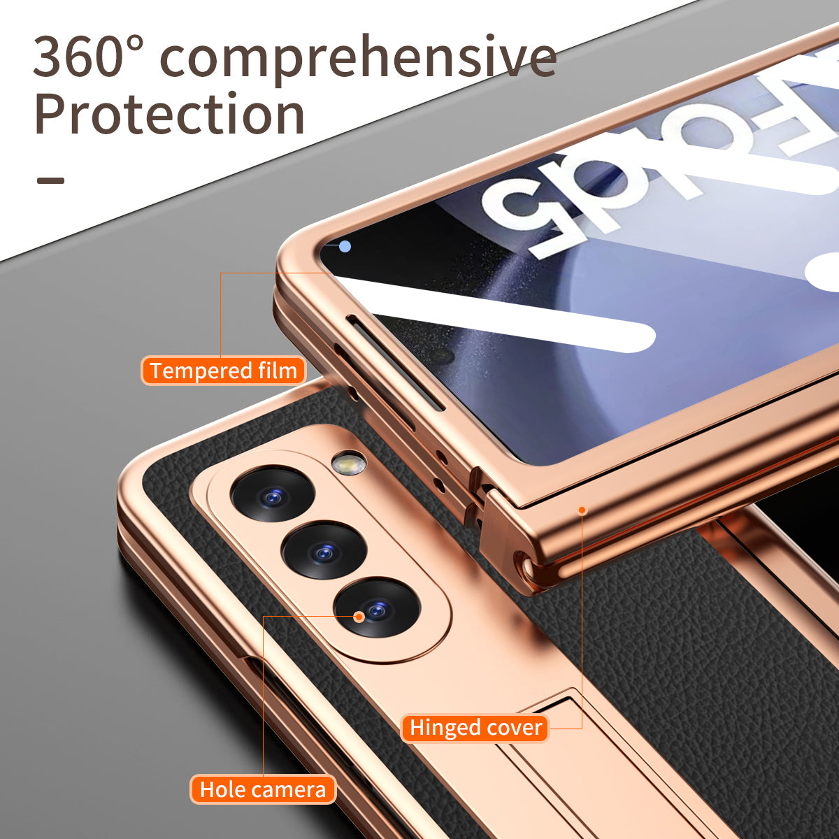 For Samsung Galaxy Z Fold5 5G Kickstand Case Anti-Fall Hinge PU Hard PC Electroplating Phone Cover with Tempered Glass Film Pen