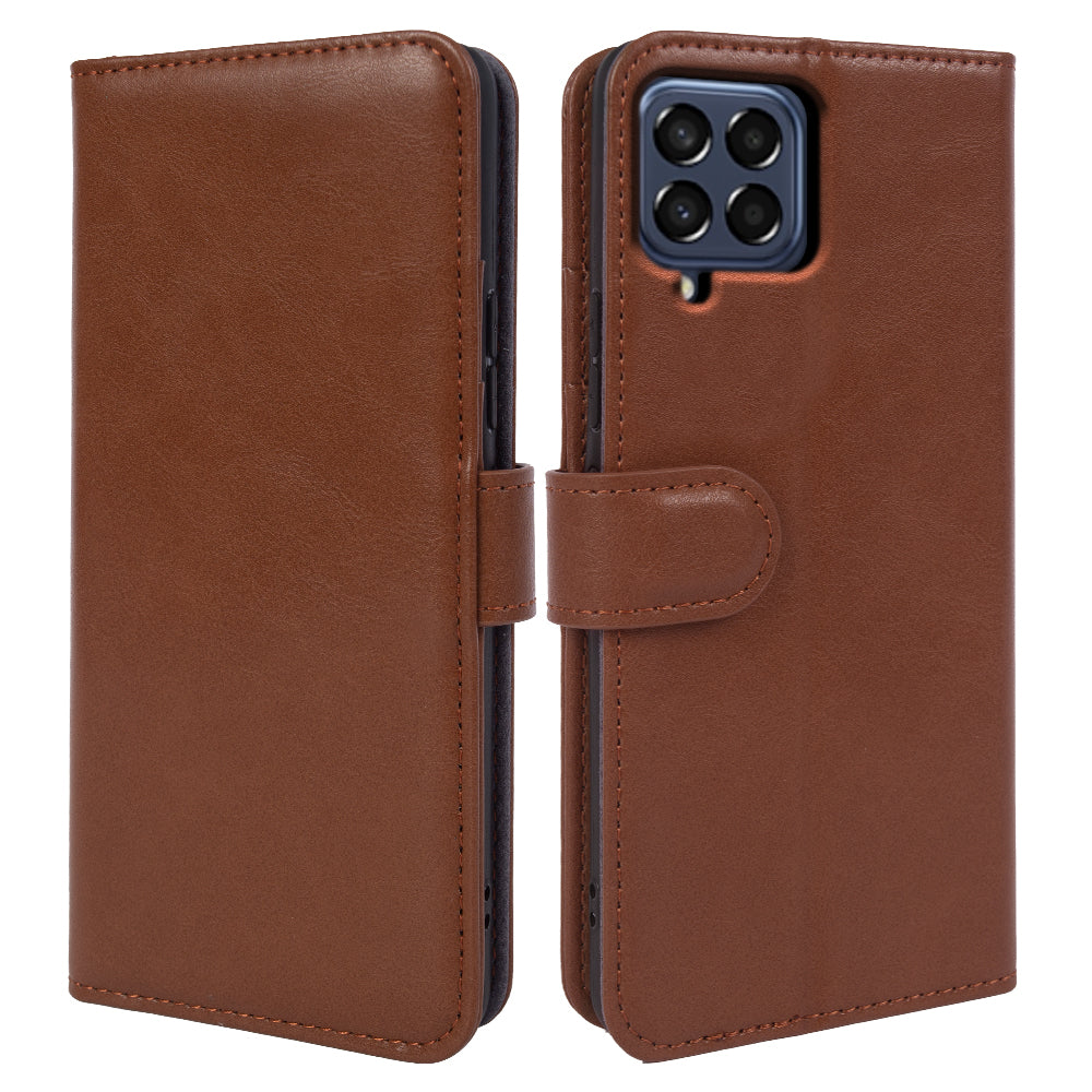 For Samsung Galaxy M33 5G (Global Version) Waxy Texture Stand Cover Genuine Cow Leather Wallet Phone Case