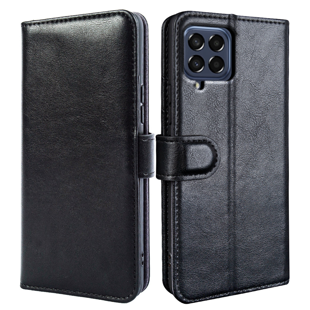 For Samsung Galaxy M33 5G (Global Version) Waxy Texture Stand Cover Genuine Cow Leather Wallet Phone Case