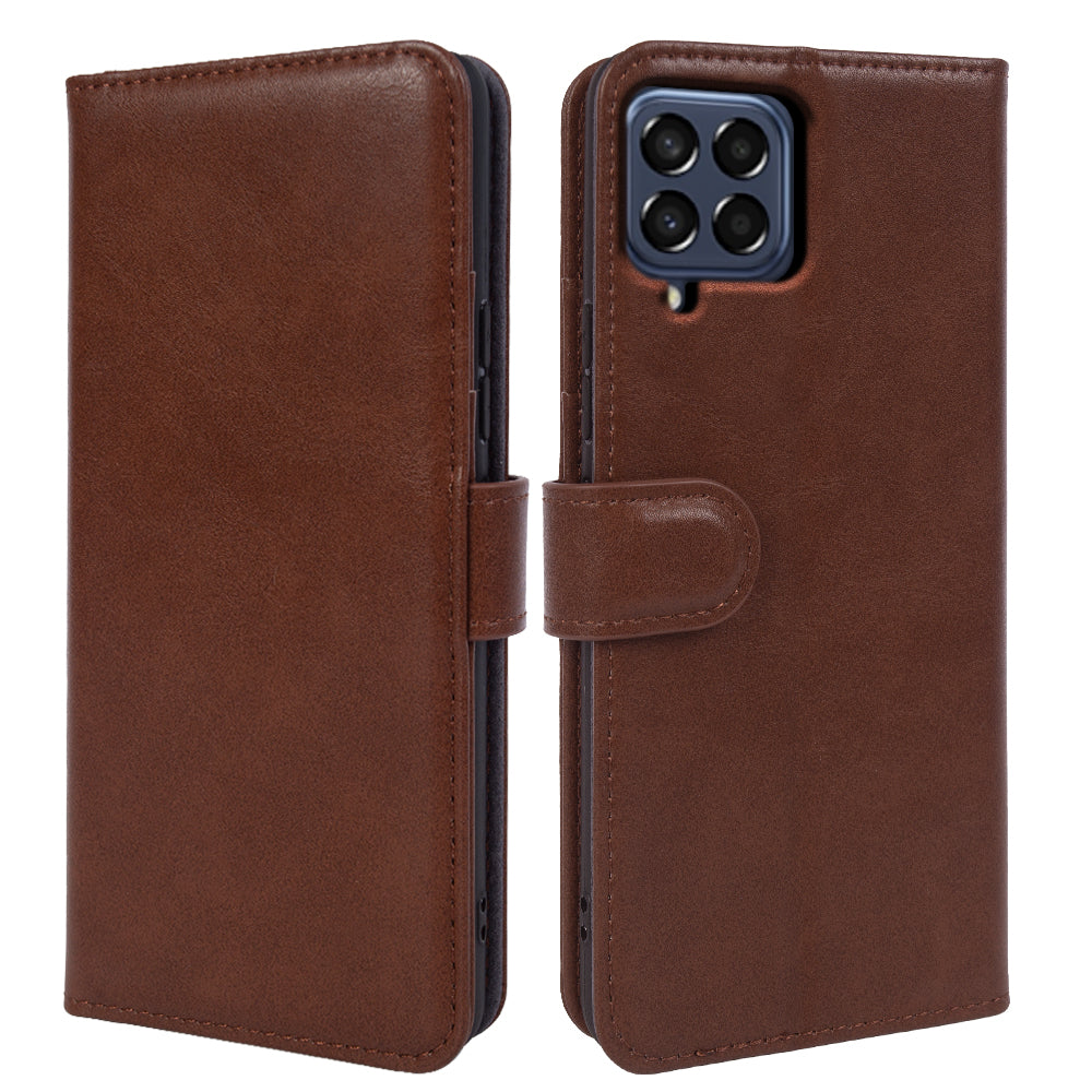 For Samsung Galaxy M33 5G (Global Version) Waxy Texture Stand Cover Genuine Cow Leather Wallet Phone Case
