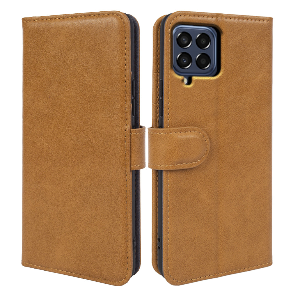 For Samsung Galaxy M33 5G (Global Version) Waxy Texture Stand Cover Genuine Cow Leather Wallet Phone Case