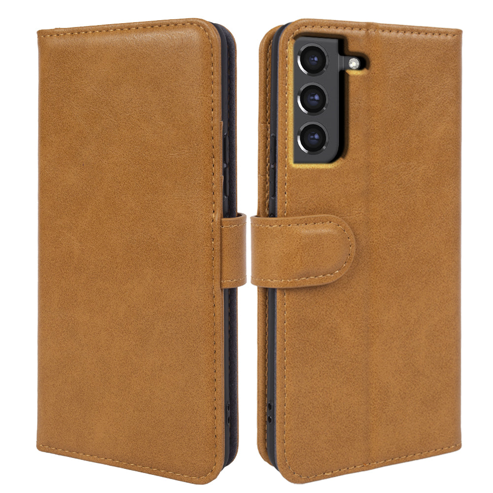 For Samsung Galaxy S21 FE 5G Waxy Texture Phone Wallet Case Stand Genuine Cow Leather Phone Cover