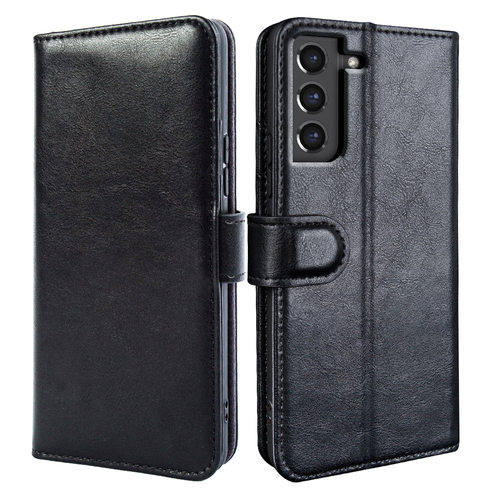 For Samsung Galaxy S21 FE 5G Waxy Texture Phone Wallet Case Stand Genuine Cow Leather Phone Cover