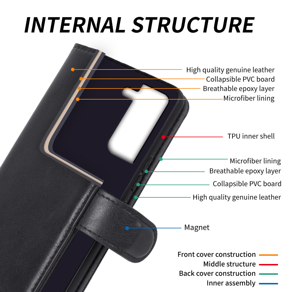 For Samsung Galaxy S21 FE 5G Waxy Texture Phone Wallet Case Stand Genuine Cow Leather Phone Cover