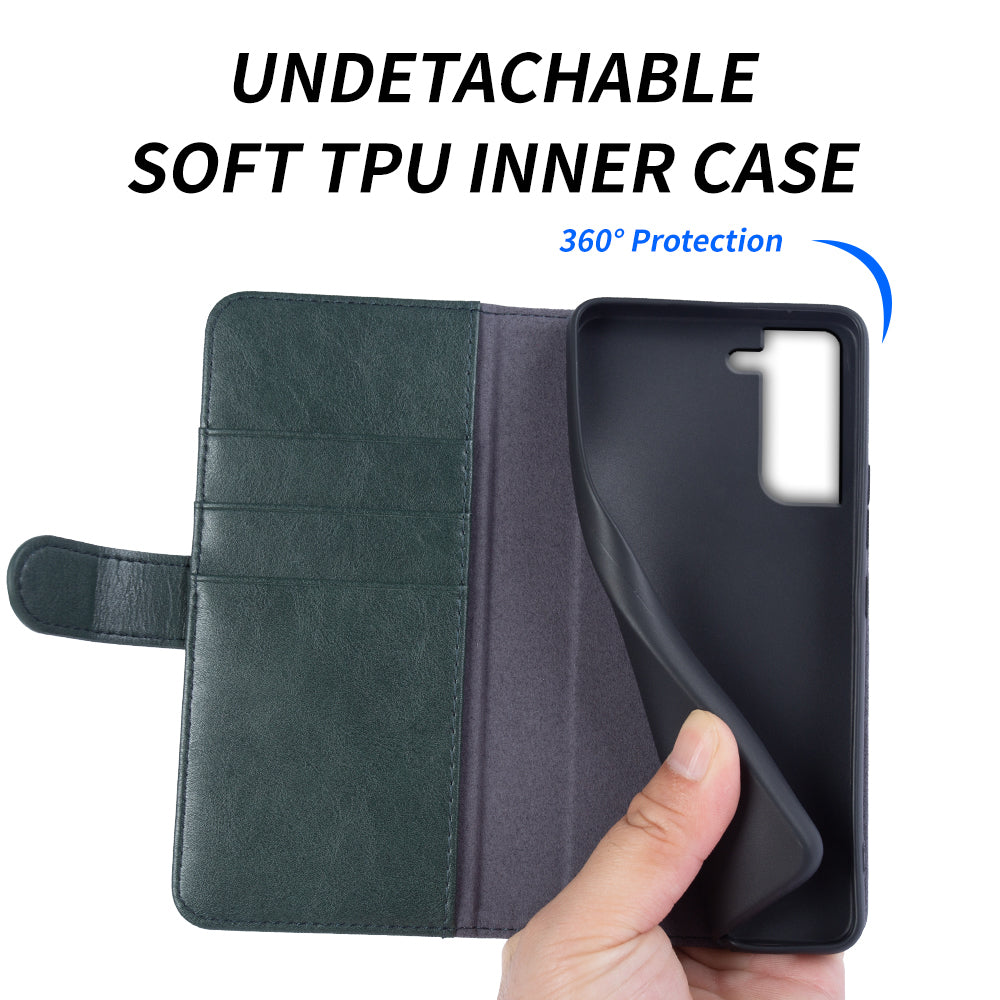 For Samsung Galaxy S21 FE 5G Waxy Texture Phone Wallet Case Stand Genuine Cow Leather Phone Cover