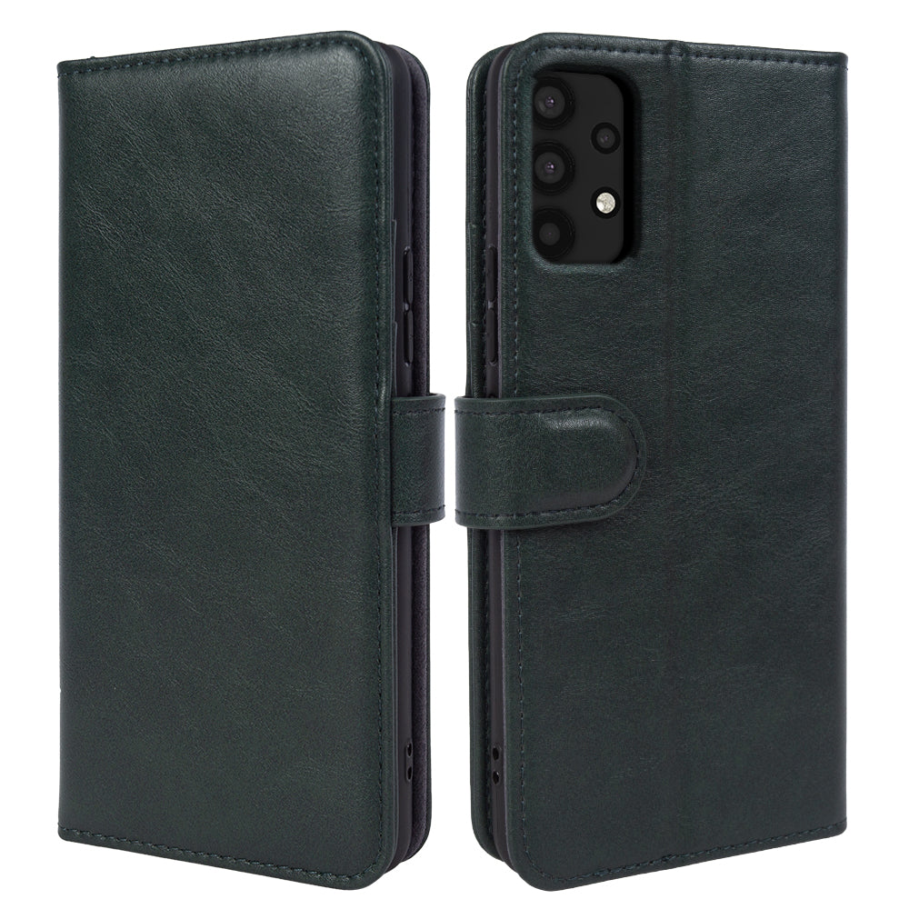 For Samsung Galaxy A32 4G (EU Version) Wallet Phone Case Waxy Texture Genuine Cow Leather Cover with Stand