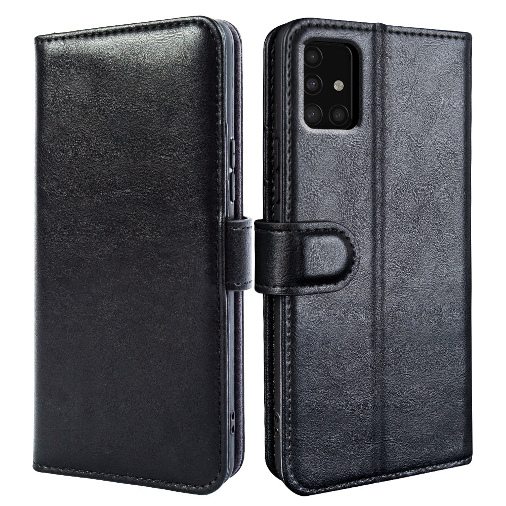 Wallet Genuine Cow Leather Cover for Samsung Galaxy A51 5G SM-A516 Cell Phone Case Waxy Texture Stand Shell