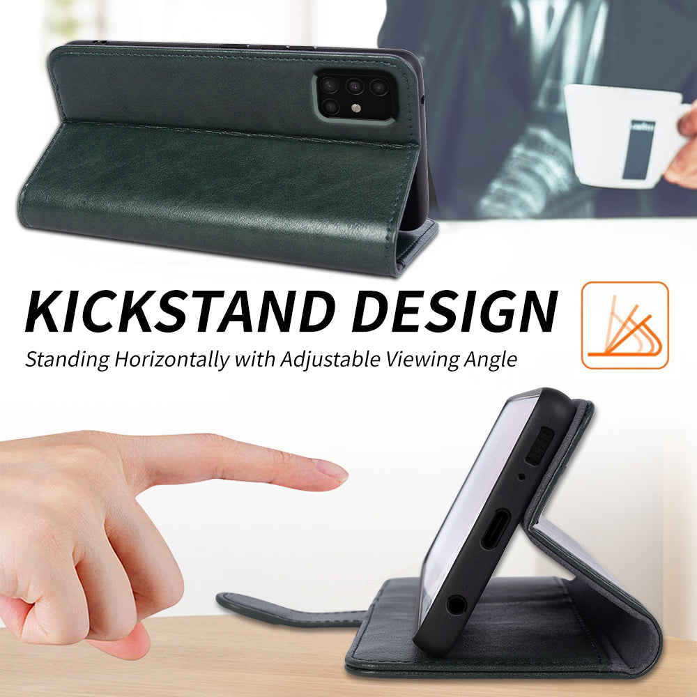 Wallet Genuine Cow Leather Cover for Samsung Galaxy A51 5G SM-A516 Cell Phone Case Waxy Texture Stand Shell