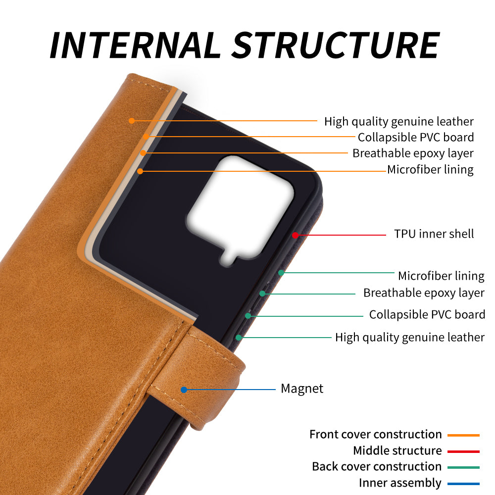 For Samsung Galaxy F22 Waxy Texture Stand Wallet Phone Case Genuine Cow Leather Shockproof Phone Cover