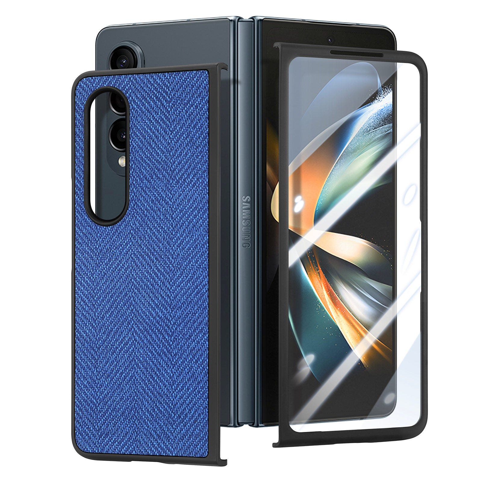 Til Samsung Galaxy Z Fold4 5G PU-læder-pc-etui Jeans-stoftekstur Anti-drop telefoncover med hærdet glasfilm 