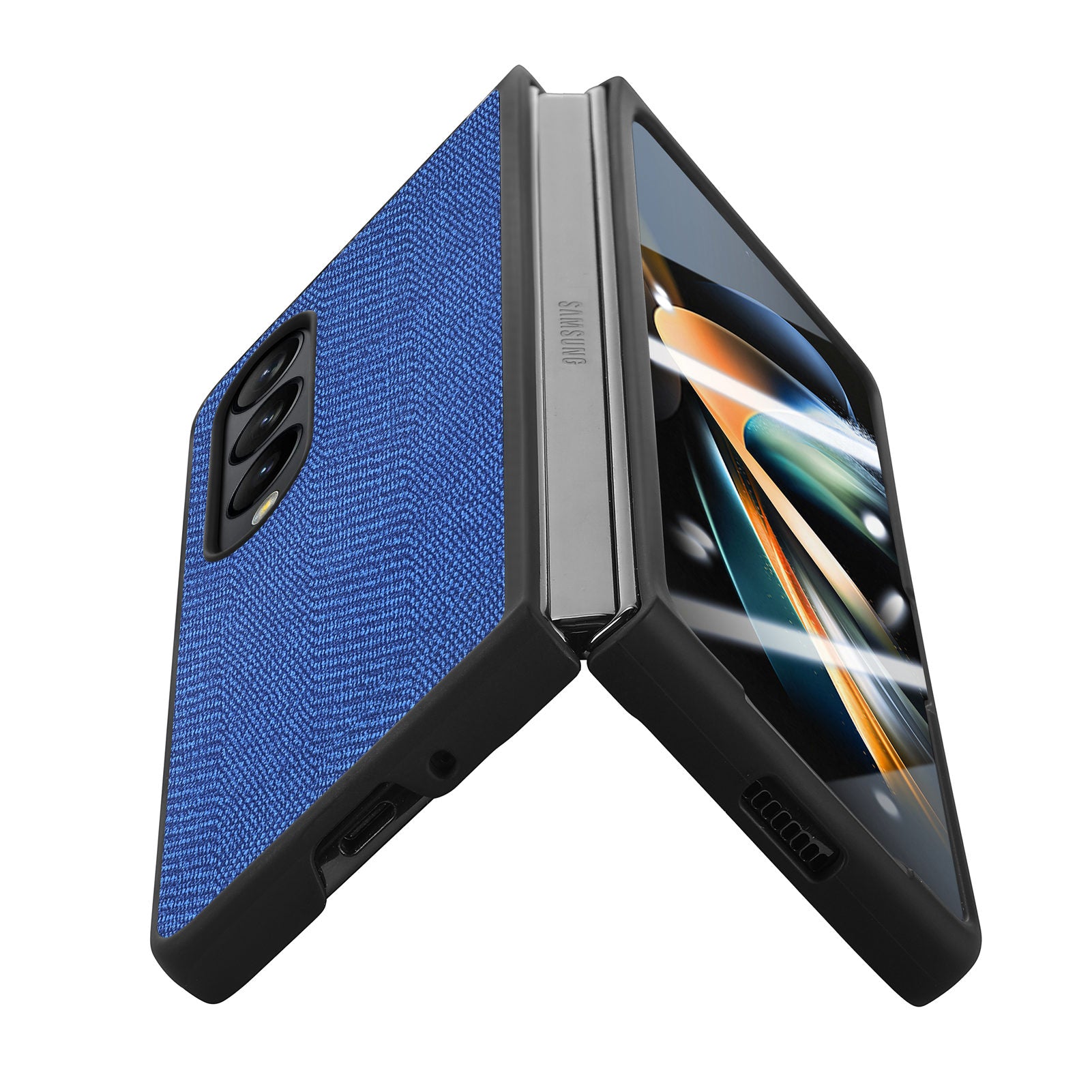 Til Samsung Galaxy Z Fold4 5G PU-læder-pc-etui Jeans-stoftekstur Anti-drop telefoncover med hærdet glasfilm 