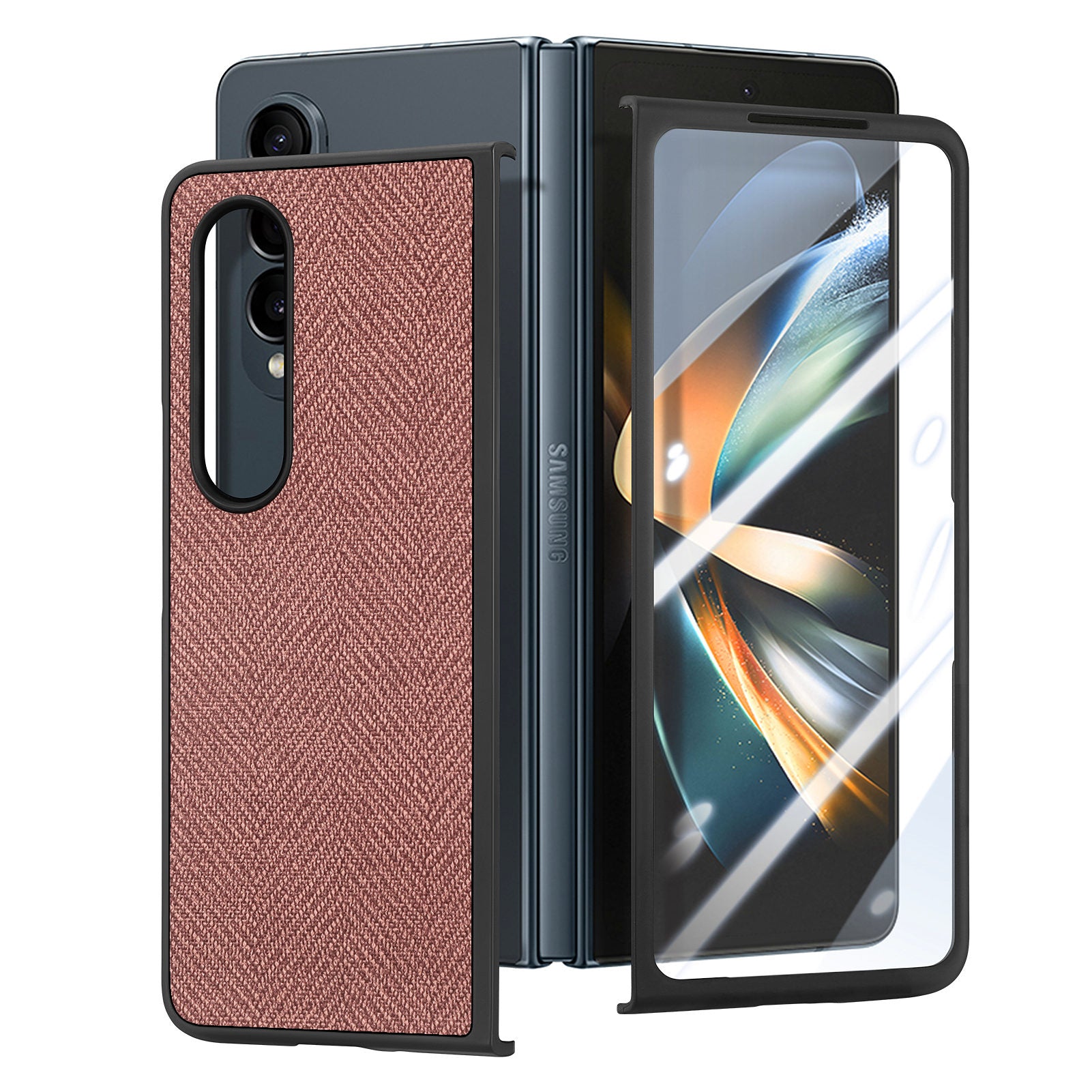 For Samsung Galaxy Z Fold4 5G PU Leather PC Case Jeans Cloth Texture Anti-Drop Phone Cover with Tempered Glass Film