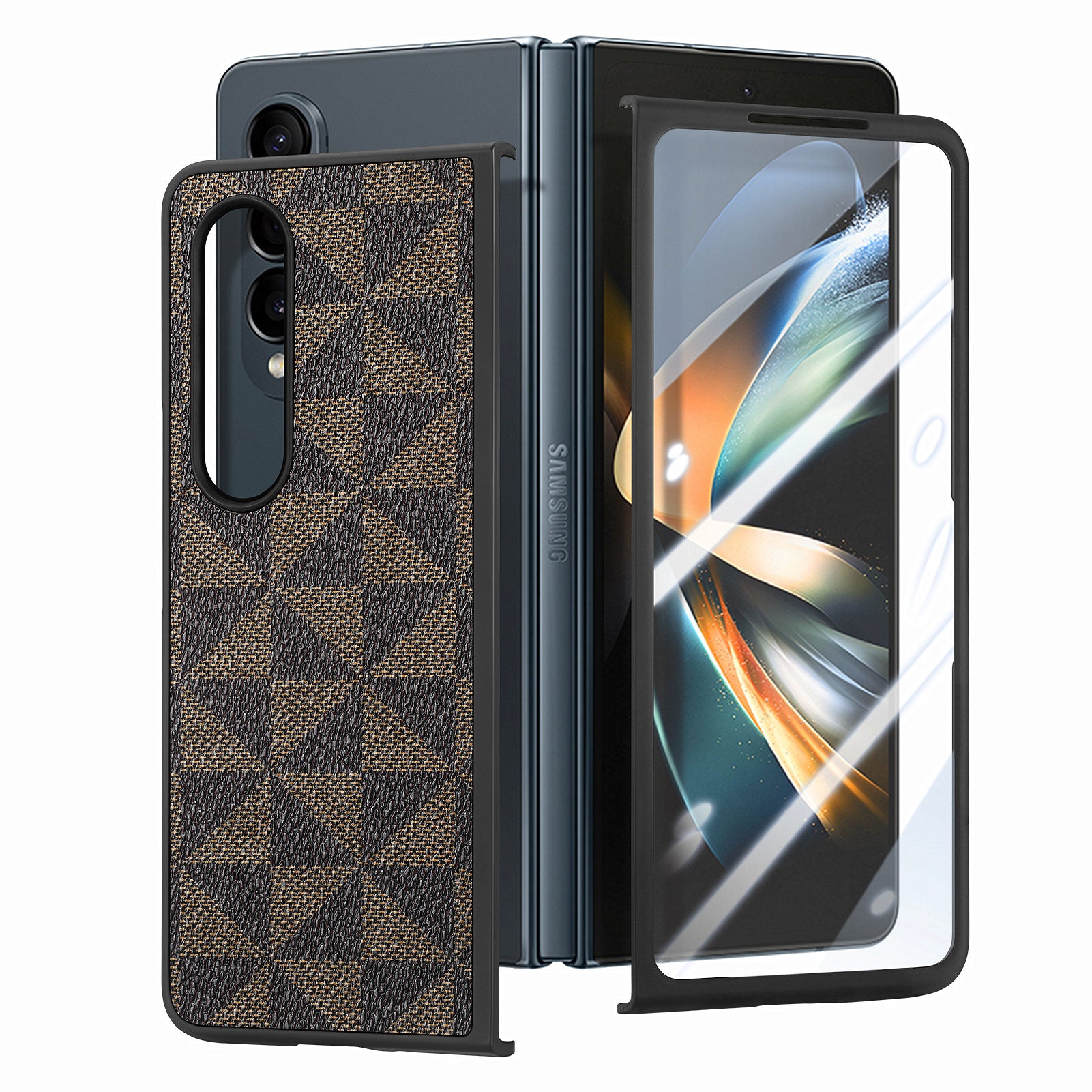 For Samsung Galaxy Z Fold4 5G PU PC Phone Case Triangle Splicing Pattern Cover with Tempered Glass Film
