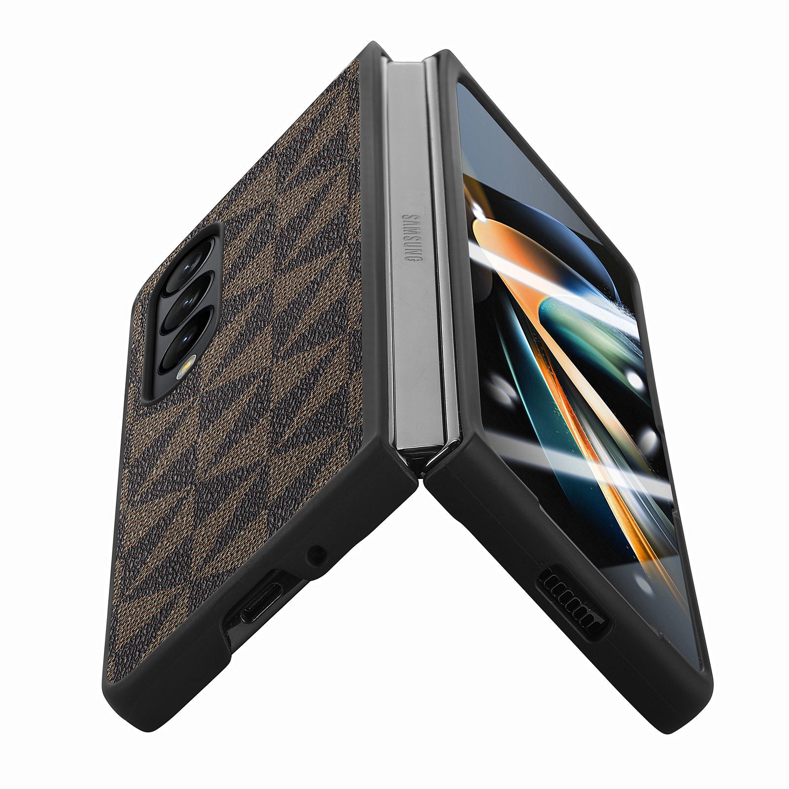 For Samsung Galaxy Z Fold4 5G PU PC Phone Case Triangle Splicing Pattern Cover with Tempered Glass Film
