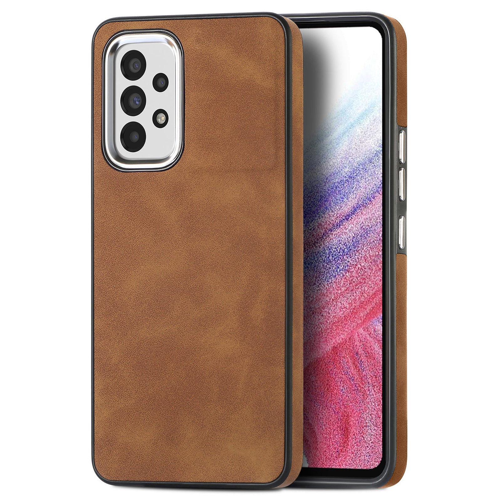 For Samsung Galaxy A73 5G Anti-Scratch PU Leather Coated TPU Phone Case Electroplating Camera Frame Skin-touch Cover