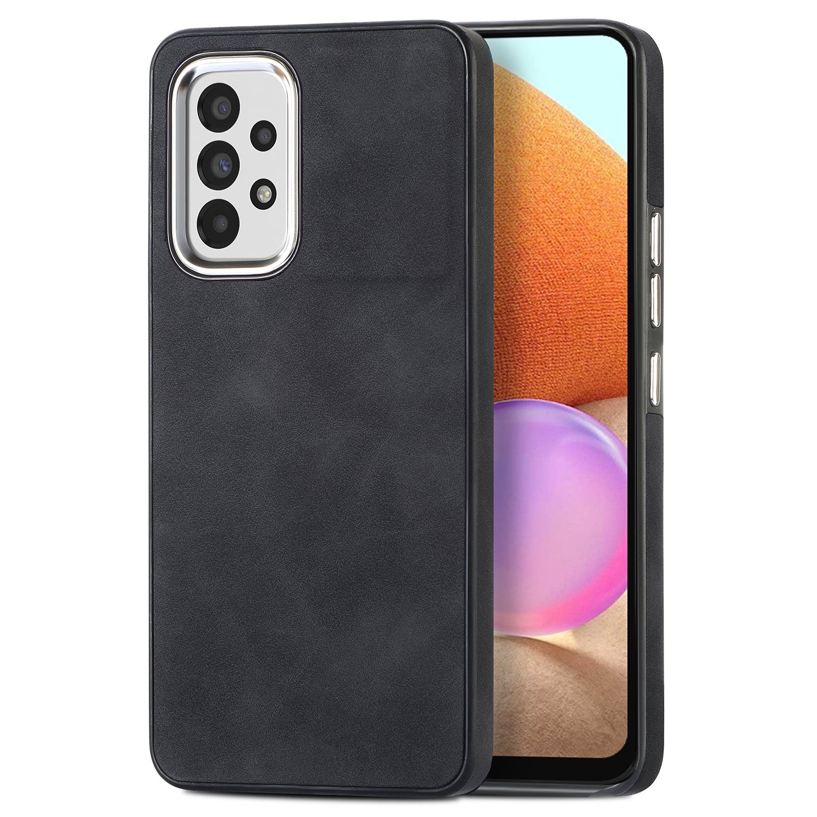 For Samsung Galaxy A32 4G (EU Version) Skin-touch Non-Slip Cover PU Leather Coated TPU Phone Case with Electroplating Camera Frame